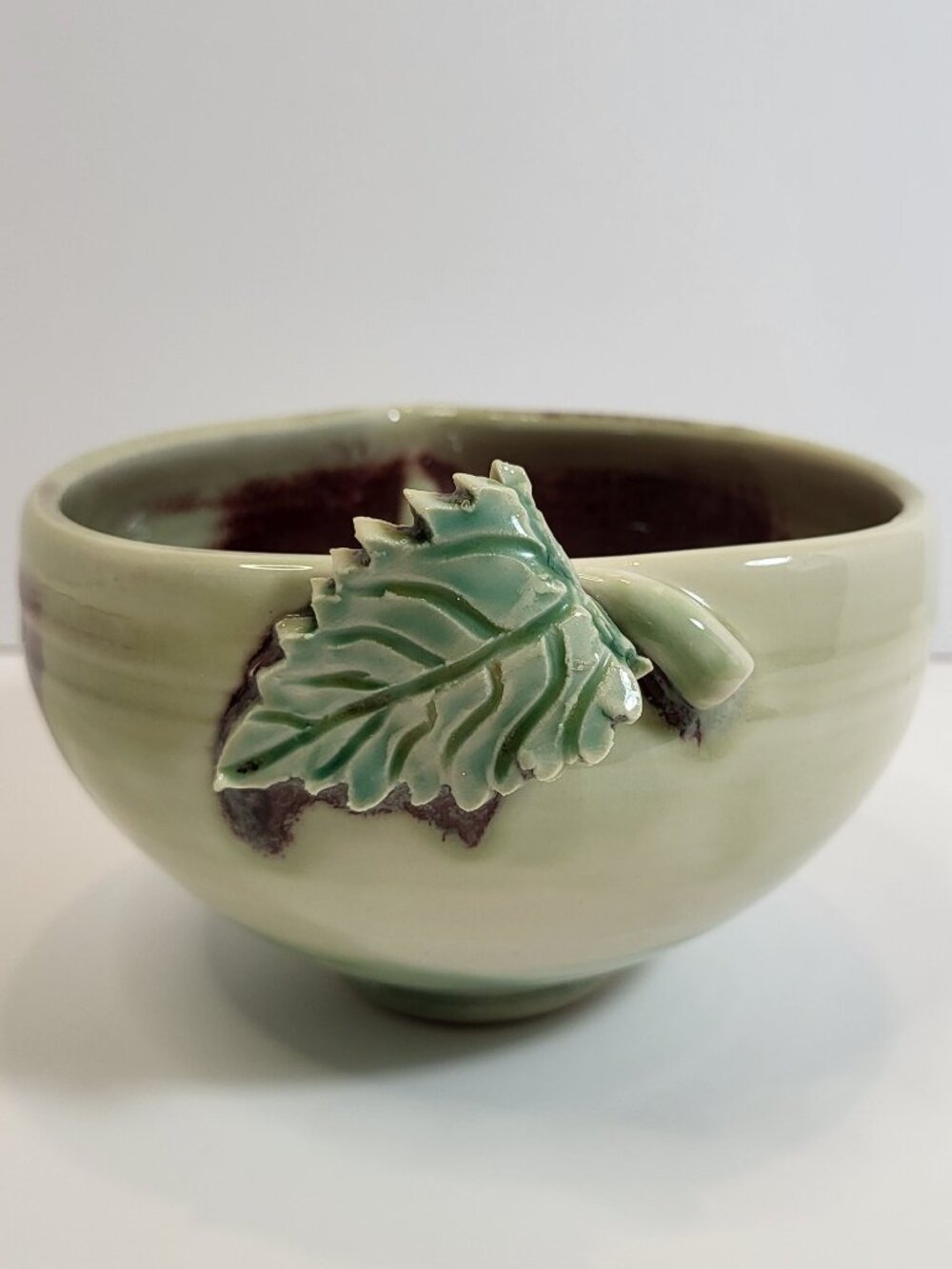 Vintage Studio Art‎ Pottery Bowl, Green Leaf Accent, Signed "S" 2000